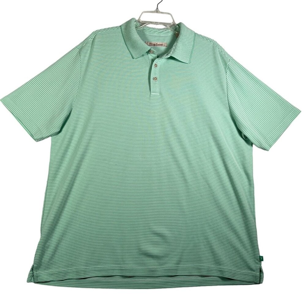 Tommy Bahama Polo Shirt Mens XL Green White Stripe Short Sleeve Cotton Poly Golf